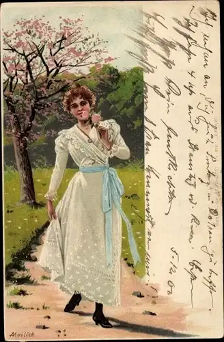 Künstler Litho Mailick, Junge Frau mit Blume, Blühender Baum