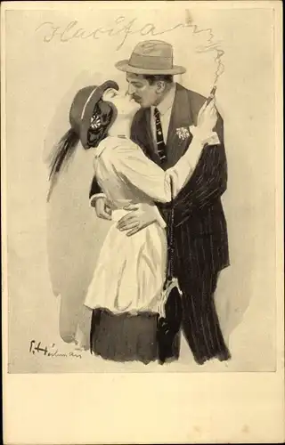 Künstler Ak Liebespaar, Kuss, Rauchende Frau, Kleiner Leitfaden für küssende Mädchen