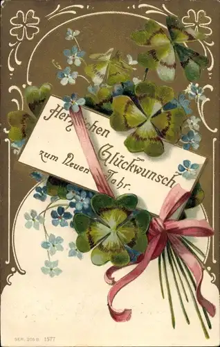 Präge Litho Glückwunsch Neujahr, Glücksklee, Vergissmeinnicht