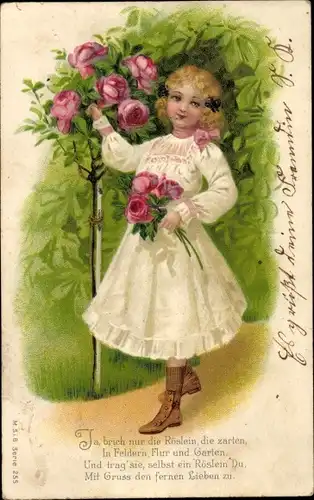 Präge Litho Mädchen in weißem Kleid, Rosen, Kitsch