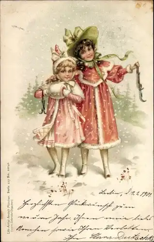 Litho Zwei Mädchen, Spaziergang im Winter, Schnee, Muff