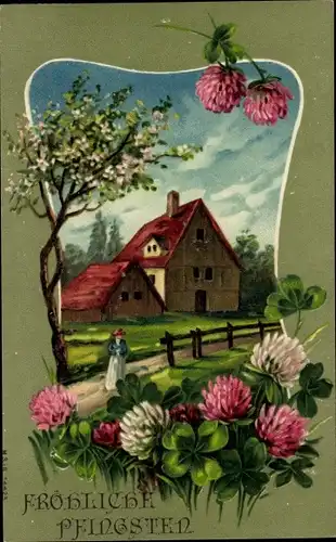 Präge Ak Glückwunsch Pfingsten, Wohnhaus, Glücksklee, Blumen