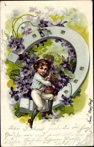 Präge Ak Junge, Hufeisen, Veilchen, Kitsch