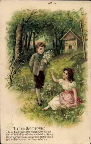 Präge Ak Tief im Böhmerwald, Kinder, Liebespaar, Blumen