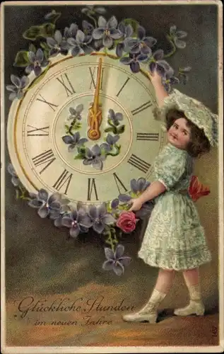 Präge Ak Glückwunsch Neujahr, Mädchen, Uhr, Veilchen
