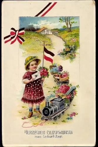 Präge Ak Glückwunsch Geburtstag, Mädchen, Blumen, Fahne, Eisenbahn