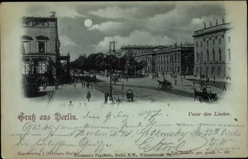 Mondschein Ak Berlin Mitte, Unter den Linden, Kutschen