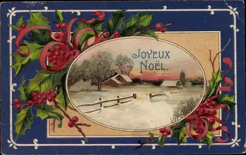 Präge Passepartout Ak Glückwunsch Weihnachten, Stechpalme, Wohnhaus