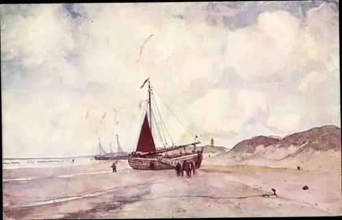 Künstler Ak Wenckebach, L. W. R., Strand, Segelboot