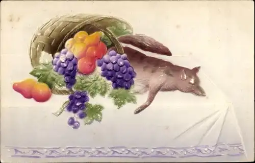 Präge Ak Früchte und Fuchs im Korb, Orangen, Weintrauben