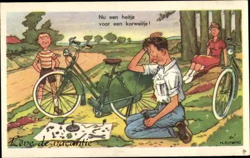 Künstler Ak Rotgans, H., Mann versucht Fahrrad zu reparieren