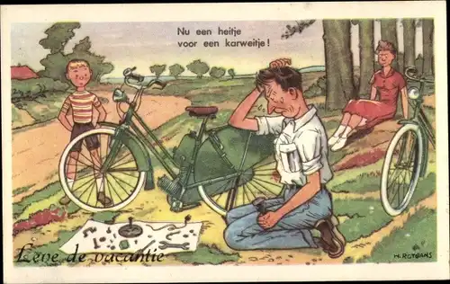 Künstler Ak Rotgans, H., Mann versucht Fahrrad zu reparieren