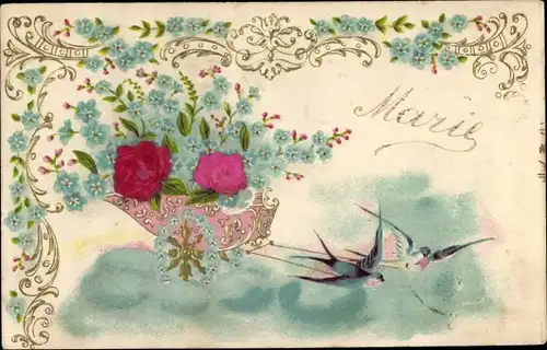 Präge Litho Schwalben, Karren, Blumen, Rosen, Vergissmeinnicht, Kitsch