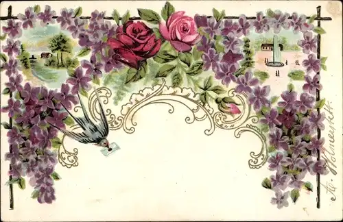 Litho Schwalbe mit Brief im Schnabel, Veilchen, Rosen