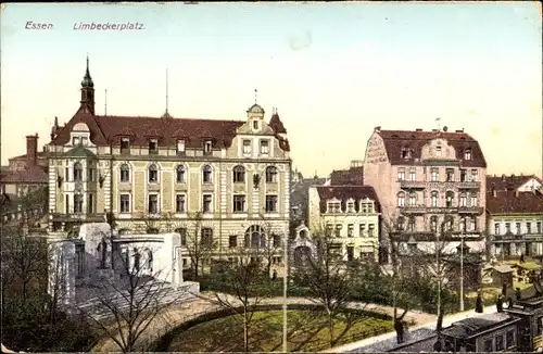 Ak Essen im Ruhrgebiet, Limbecker Platz, Denkmal, Straßenbahn