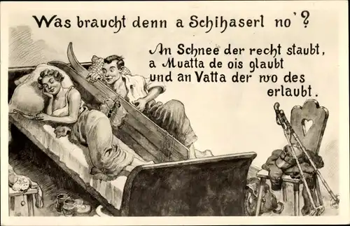 Ak Liebespaar, Trennwand im Bett, Was braucht denn a Schihaserl no ?