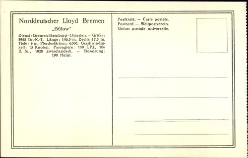 Ak Reichspostdampfer Bülow, Dampfschiff, Norddeutscher Lloyd Bremen