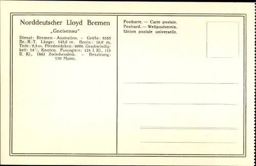 Ak Reichspost-Dampfer Gneisenau, Norddeutscher Lloyd Bremen