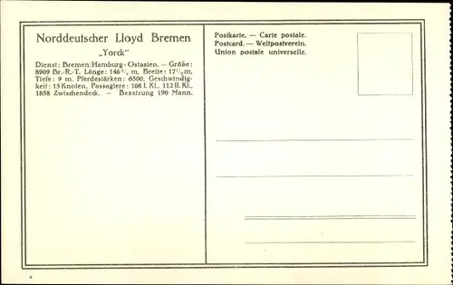 Ak Reichspostdampfer Yorck, Norddeutscher Lloyd Bremen