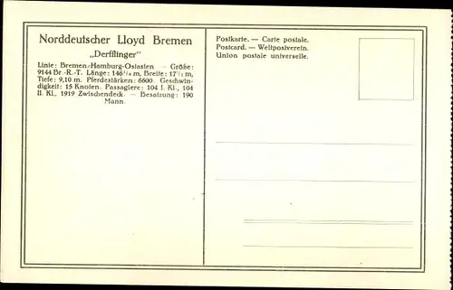 Ak Norddeutscher Lloyd Bremen, Reichspostdampfer Derfflinger, Dampfschiff