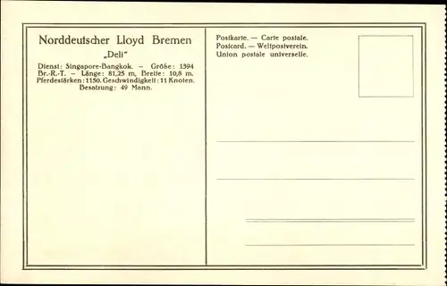 Ak Dampfer Deli, Ostasiatischer Küstendampfer, Norddeutscher Lloyd Bremen