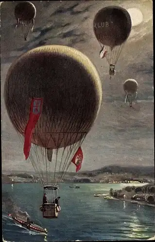 Künstler Ak Ballons über einem Ort im Mondschein, Fahnen, Dampfer