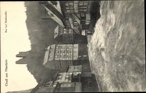 Ak Monschau Montjoie in der Eifel, ruhr bei Hochwasser, Fachwerkhäuser