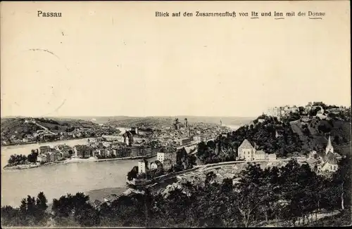 Ak Passau in Niederbayern, Zusammenfluss von Ilz und Inn mit der Donau