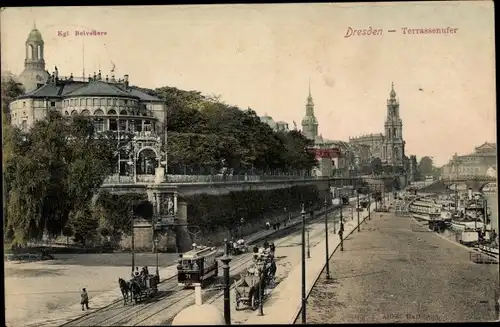 Ak Dresden Altstadt, Königliche Belvedere, Terrassenufer, Tram, Kutsche, Brücke, Schiffe