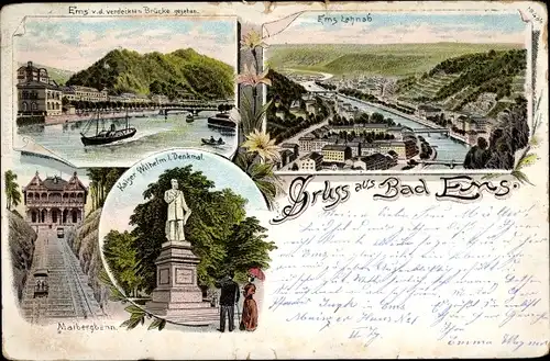 Litho Bad Ems an der Lahn, Panorama, Kaiser Wilhelm I Denkmal, Malbergbahn, Standseilbahn
