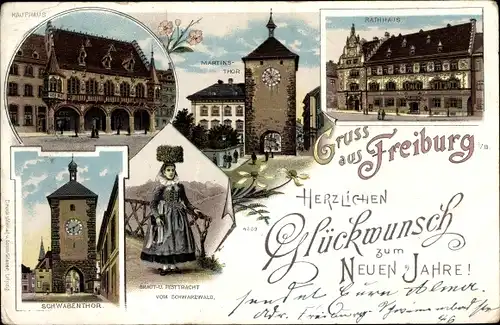 Litho Freiburg im Breisgau, Kaufhaus, Schwabentor, Brauttracht, Festtracht, Martinstor, Rathaus