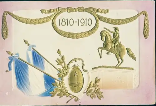 Präge Ak Argentinien, San Martin, Denkmal, Jubiläum der Revolution 1810-1910, Flaggen