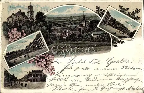 Litho Amstetten in Niederösterreich, Hauptplatz, Schloss Wallsee, Wiener Straße, Kirche