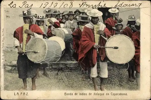 Ak La Paz Bolivien, Indios aus Italaque en Copacabana, Musikinstrumente