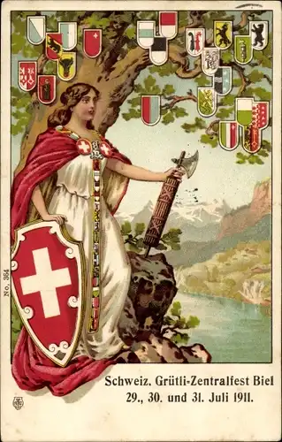 Wappen Litho Biel Kt. Bern Schweiz, Grütli Zentralfest 1911, Helvetia, Kantonswappen