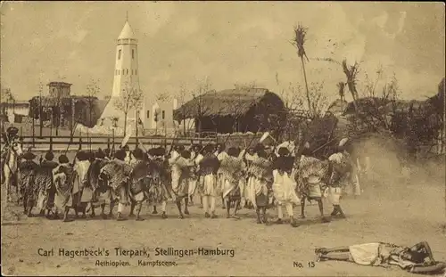 Ak Hamburg Eimsbüttel Stellingen, Carl Hagenbecks Tierpark, Kampfszene, Äthiopien