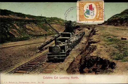 Ak Panama, Panama-Kanal im Bau, Culebra Cut, Eisenbahn