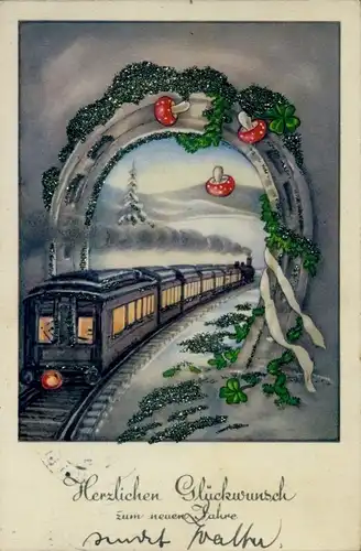 Glitzer Ak Glückwunsch Neujahr, Eisenbahn, Hufeisen, Klee, Pilze