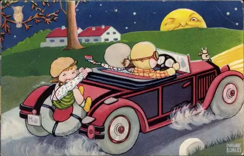 Künstler Ak Boriss, Margret, Automobil, Eule, Mondschein, Amag 0323