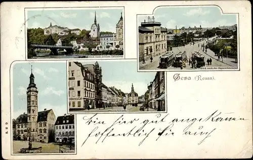 Ak Gera in Thüringen, Schloss Osterstein, Heinrichsbrücke, Straßenbahnrn, Rathaus