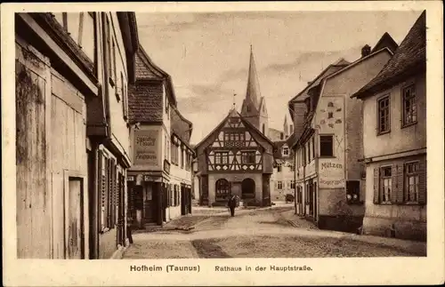 Ak Hofheim am Taunus, Hauptstraße mit Rathaus, Mützengeschäft Joseph Kippert, Ansichtskartenverkauf