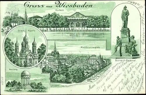 Litho Wiesbaden in Hessen, Kurhaus, Griechische Kapelle, Bismarckdenkmal, Kochbrunnenplatz