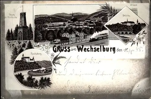 Litho Wechselburg Landkreis Mittelsachsen, Turm zu Rochlitz, Rochsburg, Brücke, Bahnhof