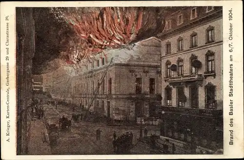 Litho Basel Bâle Stadt Schweiz, Brand des Stadttheaters, 1904