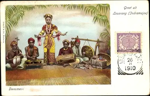 Ak Losarang Java Indonesien, Tanzende Frau, Tänzerin, Musiker