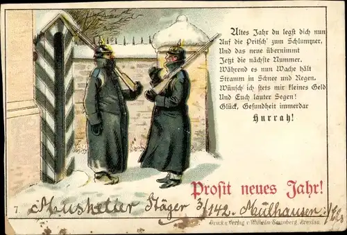 Litho Fröhliches Neujahr, Soldaten auf Wachtposten, Ablösung