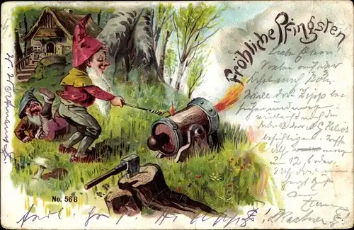 Litho Frohe Pfingsten, Zwerge, Zwerg zündet Kanone