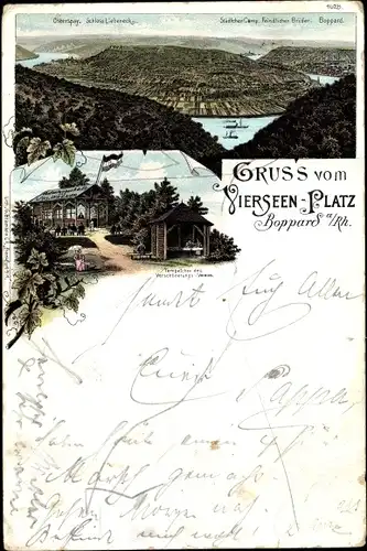 Litho Boppard am Rhein, Vierseenplatz, Restauration v. Jos. Wagner, Osterspay, Schloss Liebeneck