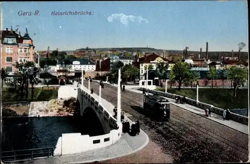 Ak Gera in Thüringen, Heinrichsbrücke, Straßenbahn