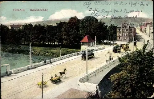 Ak Gera in Thüringen, Heinrichsbrücke, Straßenbahnen